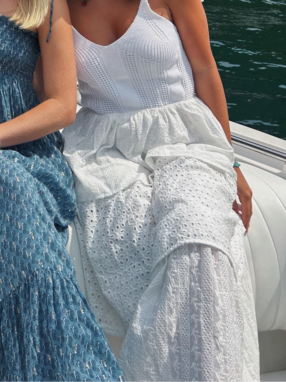 Tiered White Eyelet Maxi Dress with Tie Straps